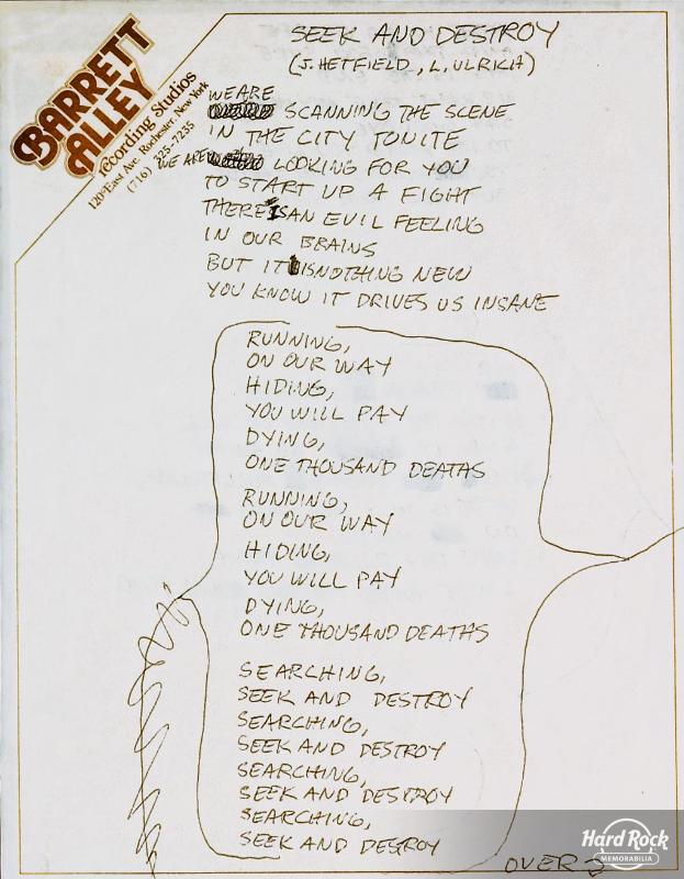 Handwritten Lyrics to “Seek and Destroy”