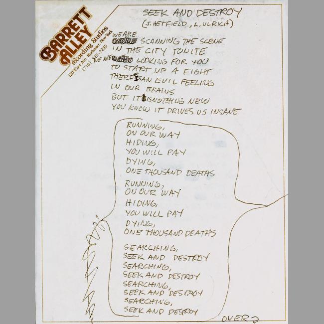 Handwritten Lyrics to “Seek and Destroy”