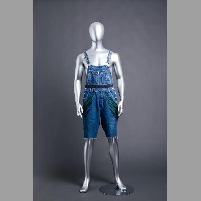 Hand-Painted Cut-Off Denim Short Overalls